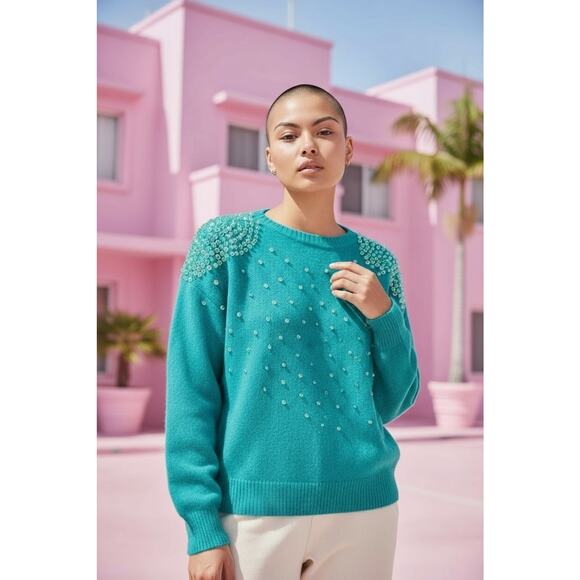 1980s Beaded Sequin CASHMERE Sweater Sz Small Aqua Green Round Neck Barbiecore - Picture 1 of 16